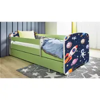WFL GROUP Kinderbett Grün 70x140 80x160 80x180 cm – mit Matratze, Rausfallschutz und Schublade – Jugendbett für Mädchen und Jungen – Stabil und Sicher – Kosmos – 180x80 cm