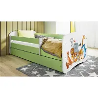 WFL GROUP Kinderbett Grün 70x140 80x160 80x180 cm – mit Matratze, Rausfallschutz und Schublade – Jugendbett für Mädchen und Jungen – Stabil und Sicher – Safari-Tiere – 160x80 cm