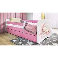 WFL GROUP Kinderbett Rosa 70x140 80x160 80x180 cm – mit Matratze, Rausfallschutz und Schublade – Jugendbett für Mädchen – Stabil und Sicher – Schlafender Bär – 140x70 cm