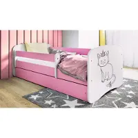 WFL GROUP Kinderbett Rosa 70x140 80x160 80x180 cm – mit Matratze, Rausfallschutz und Schublade – Jugendbett für Mädchen – Stabil und Sicher – Katze – 160x80 cm