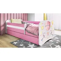 WFL GROUP Kinderbett Rosa 70x140 80x160 80x180 cm – mit Matratze, Rausfallschutz und Schublade – Jugendbett für Mädchen – Stabil und Sicher – Einhorn und Ballon – 160x80 cm