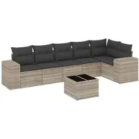 vidaXL 7-tlg. Garten-Sofagarnitur mit Kissen Hellgrau Poly Rattan