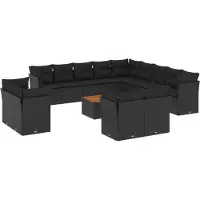 vidaXL 14-tlg. Garten-Sofagarnitur mit Kissen Schwarz Poly Rattan