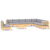 vidaXL 11-tlg. Garten-Lounge-Set mit Grauen Kissen Massivholz Kiefer