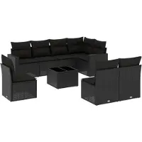 vidaXL 9-tlg. Garten-Sofagarnitur mit Kissen Schwarz Poly Rattan