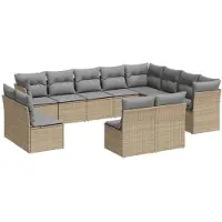 vidaXL 12-tlg. Garten-Sofagarnitur mit Kissen Beige Poly Rattan