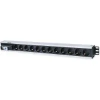 Intellinet 12-fach Steckdosenleiste, Schutzkontakt, vertikale Rackmontage, Leitungsschutzschalter, 1,6 m Stromkabel, Senkrecht, Aluminium, Schwarz, Grau, 12 AC-Ausgänge, Typ F, 1,6 m