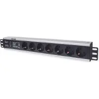 Intellinet 19" 7-fach Steckdosenleiste, Schutzkontakt, Überspannungsschutz, 3 m Stromkabel, 1,5 HE, 1.5U, Einphasig, Aluminium, Schwarz, 7 AC-Ausgänge, Typ F