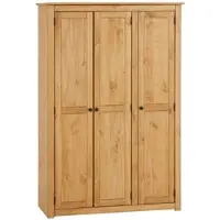 CARO-Möbel Kleiderschrank CANCUN aus Massivholz, gebeizt/gewachst - Schlafzimmerschrank mit Kleiderstange, verstellbare Einlegeböden, rustikaler Landhausstil, Kiefernholz und Griffe aus Metall