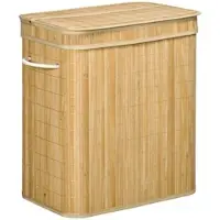 OKWISH Wäschekorb aus Bambus Naturholz mit Deckel, 2 Fächern und 90 l, 54,2 x 35,2 x 59,5 cm