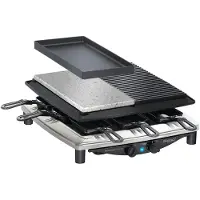 Steba Premium Raclette mit Edelstahlgehäuse, Antihaft-Druckguss-Grillplatte, Natursteingrillplatte, Inkl. wendbarer Guss-Pfanne mit glatter Fläche