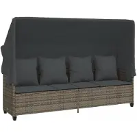 vidaXL Sonnenliege mit Dach und Kissen Grau Poly Rattan