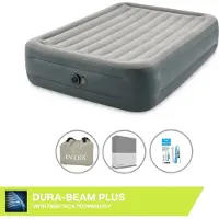 Intex Luftbett - 2 Personen - 152 x 203 x 46 cm - Grau - Mit eingebauter Pumpe, Spannbettlaken Anthrazit en Reperaturset