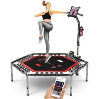 Sportstech Messe-heit 2020! Smart Fitness Trampolin, inkl. Pulsgurt, Sprungzähler & APP, klappbar, höhenverstellbarer Haltegriff mit Handy- & Flaschenhalterung, HTX100 Indoor Jumping Workout