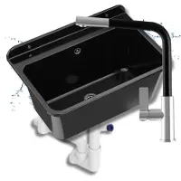 Granitan - Waschbecken - Spülbecken 61x41 cm - Spüle Schwarz - mit Armatur und Siphon - LARGE