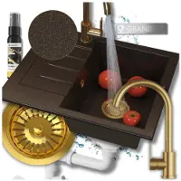 Granitan - Granitspüle - Spülbecken 57,4x47 cm - Küchenspüle Braun-Gold - mit Siphon - MILANO