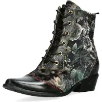 LAURA VITA Damen Stiefelette Floraldruck Blockabsatz Glattleder HICNIO 29, Größe:40 EU, Farbe:Schwarz