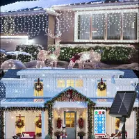 Jayseuw 10M Solar LED Eisregen Lichterkette Innen Kaltweiß Lichtervorhang 400 LEDs Eiszapfen Weihnachtsbeleuchtung 8 Modi Weihnachtsdeko Party Garten