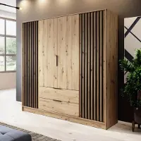 Ravio Kleiderschrank Stilo Eiche Artisan mit Lamellen – 206 cm, 4 Türen, 2 Schubladen, Groß & Modern