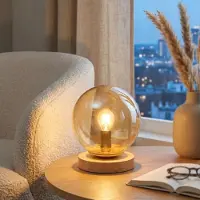 Opviq , Hochwertige Tischlampe aus Metall, Honig-Eiche, 15 x 15 x 18 cm | Glasabdeckung, 150 cm Kabel mit Schalter | E14 Fassung, max. 40 W, IP20, ideal für modernes Wohnen.