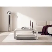 WFL GROUP Couchtisch 100 x 50 cm mit Schwebender Ablage in Kaschmir – Moderner Wohnzimmertisch mit Abgerundetem Metallgestell in Weiß & Versteckten Rollen – EU
