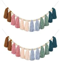 Tlily 2 StüCk Regenbogen-Boho-Quastengirlande mit Holzperlen, Bunte Wandbehanggirlande, Party-/Babyparty-Dekoration