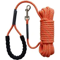 Exogio Reflektierende Hundeleine für Training und Spaziergänge - Lederleine mit Komfortgriff, Orange, 15 M