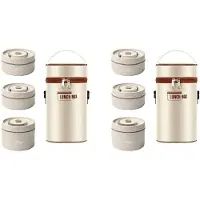 Semoic 4x Warm-Lunchbehälter für Lebensmittel, Thermo-Lunchbehälter Aus Edelstahl, Tragbar, Thermo-Bento-Box, Lebensmittelbehälter, Beige B