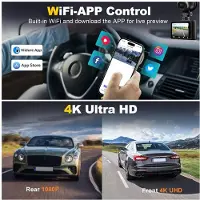 Jojomino Auto-Dashcam, 4K 1080p Dashcam, Front- und Heck-WLAN-Recorderkamera für Autos mit App-Steuerung, G-Sensor, Loop-Aufnahme