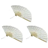 Torribaly 3X Handgemachte Baumwollspitze Klappbar Handventilator Fuer Party Brauthochzeit Dekoration (Beige)