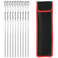 INF 430 Edelstahl gedrehte flache Anti-Rutsch Grillspieße 39cm – 10er Pack mit Aufbewahrungs-Stoffbeutel