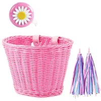 Torribaly 1Set Fahrradkorb Aus Rattan-Geflecht, Vorderradkorb + Klingel + Quaste + Aufkleber, Verstellbar, Handgewebt, Lenkerzubehör für Erwachsene, Rosa