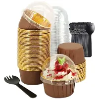 Semoic 150 Stück Aluminiumfolie Cupcake Förmchen mit Deckeln & Löffeln 50 Sets Ofenfeste Muffinbackformen für Hochzeitsfeiern Kaffee