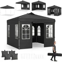 KOMFOTTEU Pop Up Pavillon 3 x 3 m, höhenverstellbarer Gartenpavillon mit 4 Seitenwänden (Schwarz)