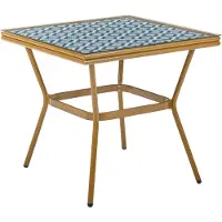 Beliani Gartentisch Blau u. Weiß Polyrattan Geflochten Quadratisch 80x80 cm Geometrisches Muster Metallbeine in Dunkler Holzoptik Outdoor Terrasse