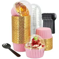 Semoic 150 Stück Aluminiumfolie Cupcake-Förmchen mit Deckeln & Löffeln 50 Sets Ofenfeste Muffinbackformen für Hochzeitsfeiern Rosa