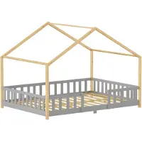 En.casa Kinderbett ’Treviolo‘ in Haus-Optik mit Rausfallschutz Kiefernholz 120 x 200 cm Hellgrau / Weiß