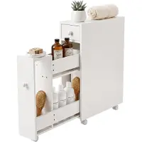 Relaxdays Nischenschrank, 4 Fächer, Schiebtüren & Klapptür, HxBxT: 62 x 16 x 48 cm, Badezimmer, MDF, Rollwagen, weiß