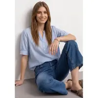 Street One Kurzarmbluse Chambray Bluse mit Splitneck und Elastiksaum