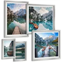 Tulup BILDER SET 5er Set - 50x50 cm & 20x30 cm & 40x60 cm Silberner Rahmen - See Berge Holzboote
