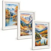 Tulup BILDER SET 3er Set - 20x30 cm Weißer Rahmen - Berglandschaft, Fluss, Herbst