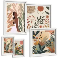 Tulup BILDER SET 5er Set - 50x50 cm & 20x30 cm & 40x60 cm Weißer Rahmen - Pflanzenmotive in Farben