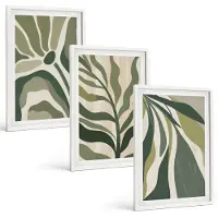 Tulup BILDER SET 3er Set - 40x60 cm Weißer Rahmen - Illustrationen gemalter grüner Blätter