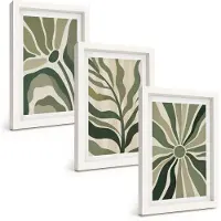 Tulup BILDER SET 3er Set - 20x30 cm Weißer Rahmen - Grüne und beige Pflanzenmuster