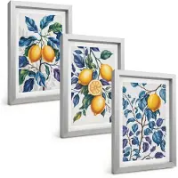 Tulup BILDER SET 3er Set - 20x30 cm Silberner Rahmen - Zitronenzweige mit blauen Blättern