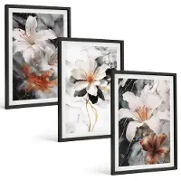 Tulup BILDER SET 3er Set - 40x60 cm Schwarzer Rahmen - Blumen Marmor weiß schwarz