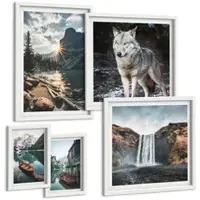 Tulup BILDER SET 5er Set - 50x50 cm & 20x30 cm & 40x60 cm Weißer Rahmen - Berge, Seen, Wasserfall, Wolf