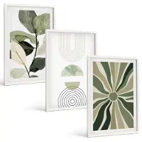 Tulup BILDER SET 3er Set - 40x60 cm Weißer Rahmen - Pflanzenmotive, Geometrie, Grün