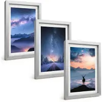 Tulup BILDER SET 3er Set - 20x30 cm Silberner Rahmen - Nachthimmel Berge Nebel Hirsch