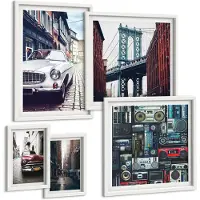 Tulup BILDER SET 5er Set - 50x50 cm & 20x30 cm & 40x60 cm Weißer Rahmen - Old Cars Brooklyn Retro-Audio